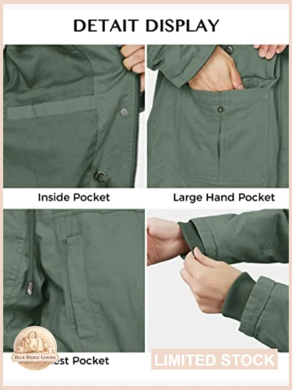 Women's Cotton Military Jacket Lightweight Anorak Coat with Hood Utility Pockets - Picture 6 of 7